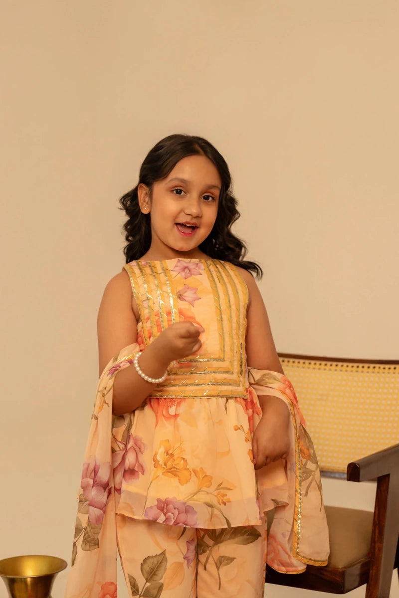 KHILKARI PEACH ANGLE MUSLIN SHARARA SET - Pomcha Jaipur