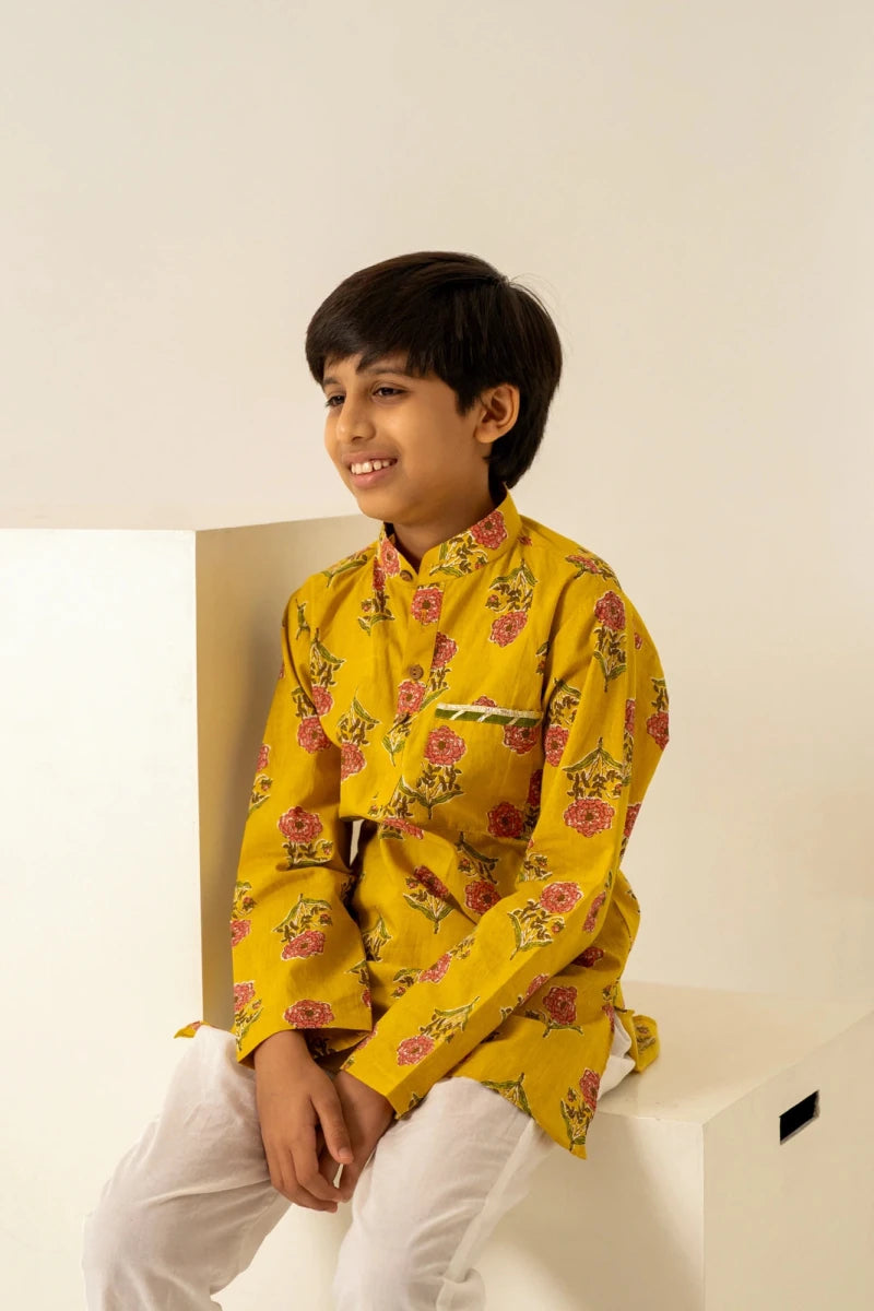 KHILKARI PEELA PHOOL HAND BLOCK KURTA SET - Pomcha Jaipur