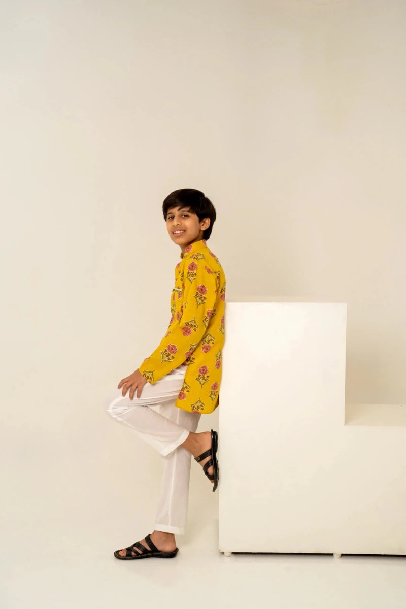 KHILKARI PEELA PHOOL HAND BLOCK KURTA SET - Pomcha Jaipur