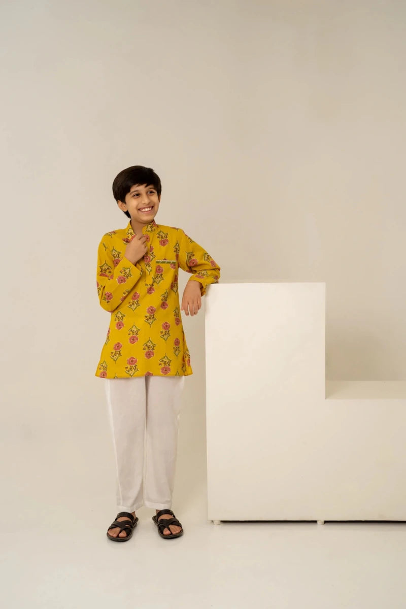 KHILKARI PEELA PHOOL HAND BLOCK KURTA SET - Pomcha Jaipur