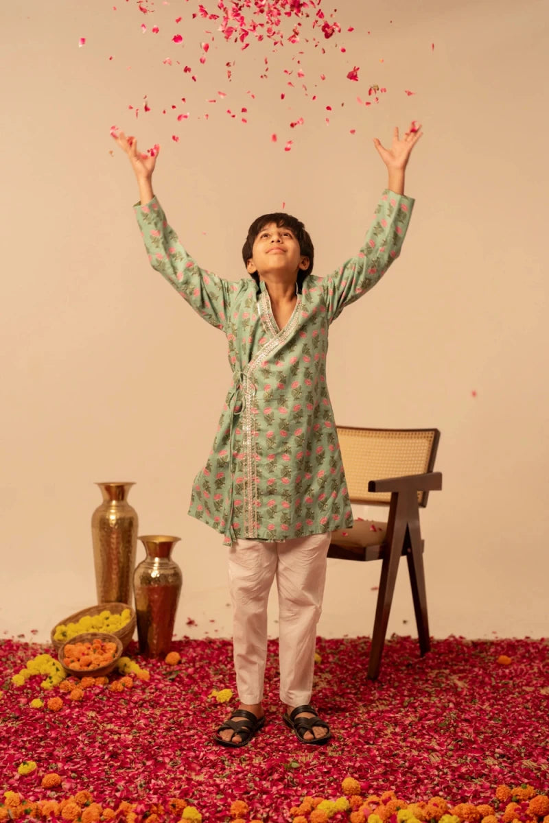 KHILKARI PISTA PETAL ANGRAKHA STYLE KURTA SET - Pomcha Jaipur