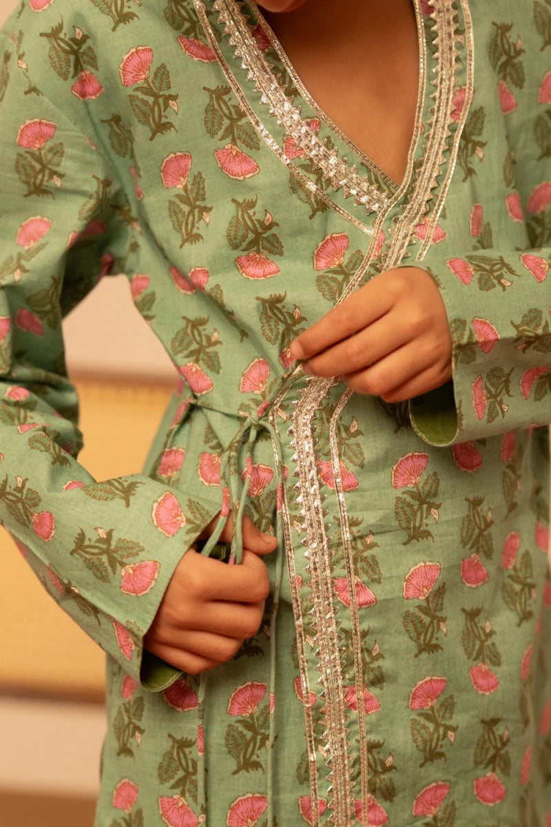 KHILKARI PISTA PETAL ANGRAKHA STYLE KURTA SET - Pomcha Jaipur