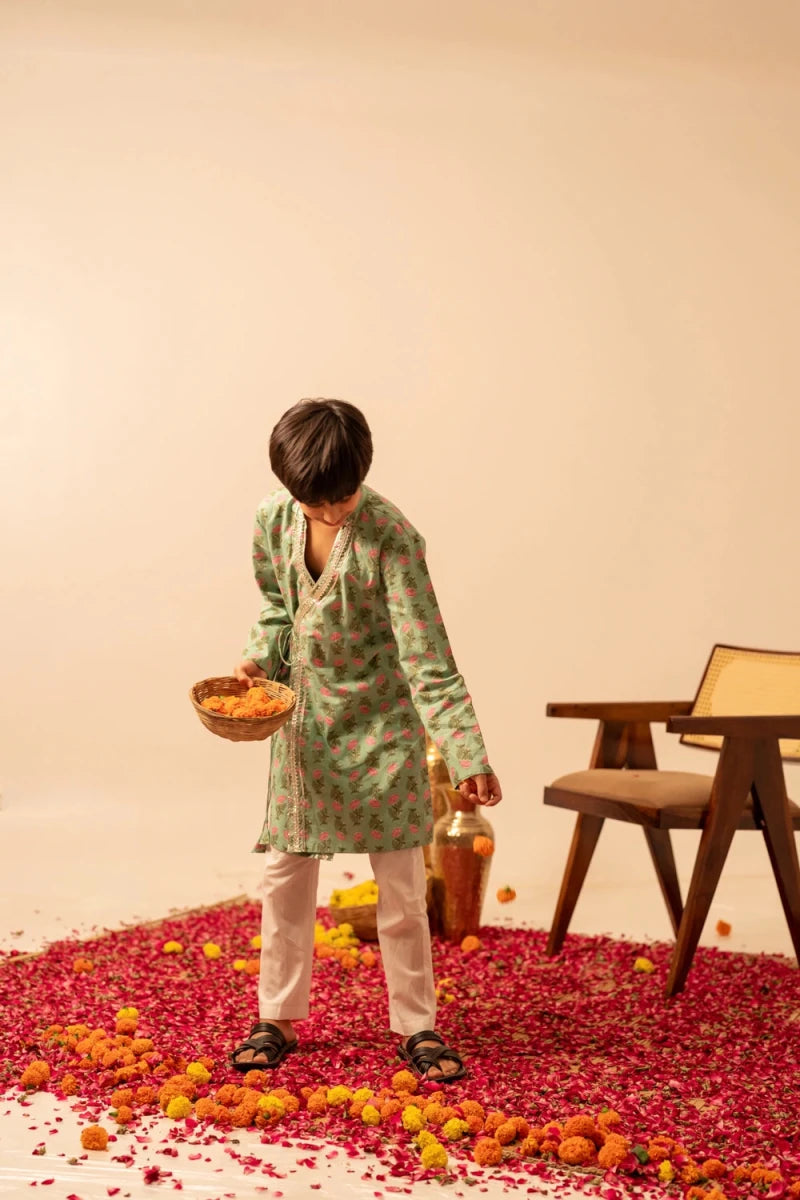 KHILKARI PISTA PETAL ANGRAKHA STYLE KURTA SET - Pomcha Jaipur