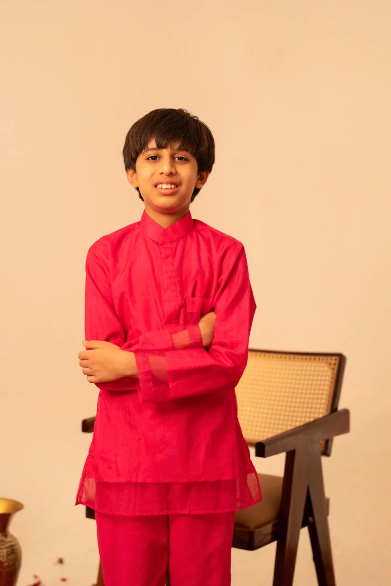 KHILKARI POPPY PINK ORGANZA KURTA SET - Pomcha Jaipur