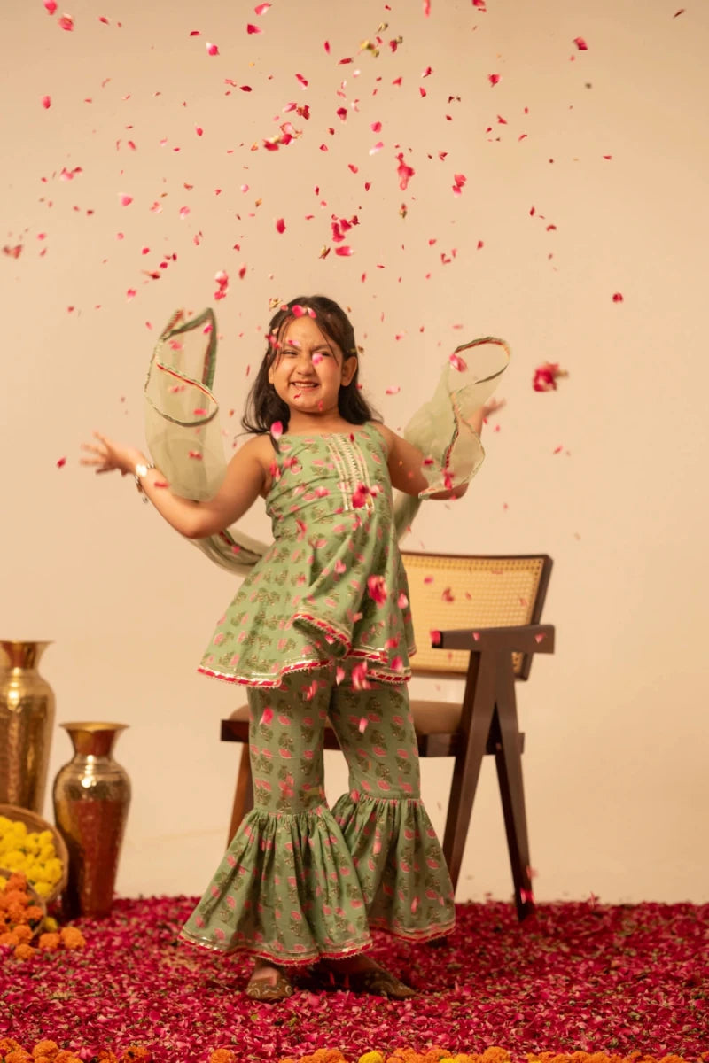 KHILKARI THE PISTA BUTI COTTON SHARARA SET - Pomcha Jaipur