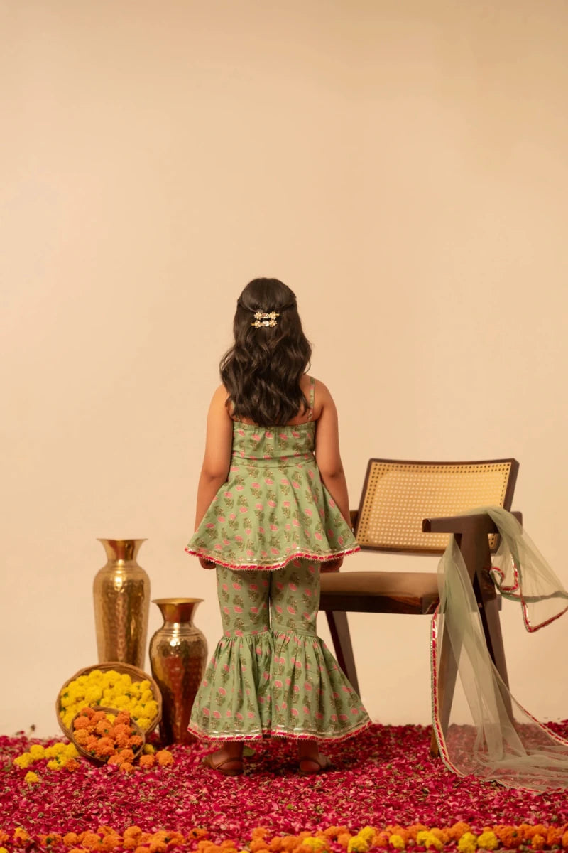 KHILKARI THE PISTA BUTI COTTON SHARARA SET - Pomcha Jaipur