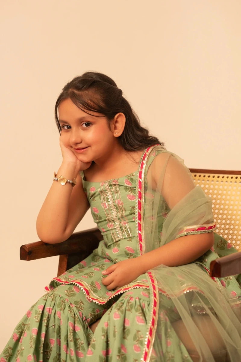 KHILKARI THE PISTA BUTI COTTON SHARARA SET - Pomcha Jaipur