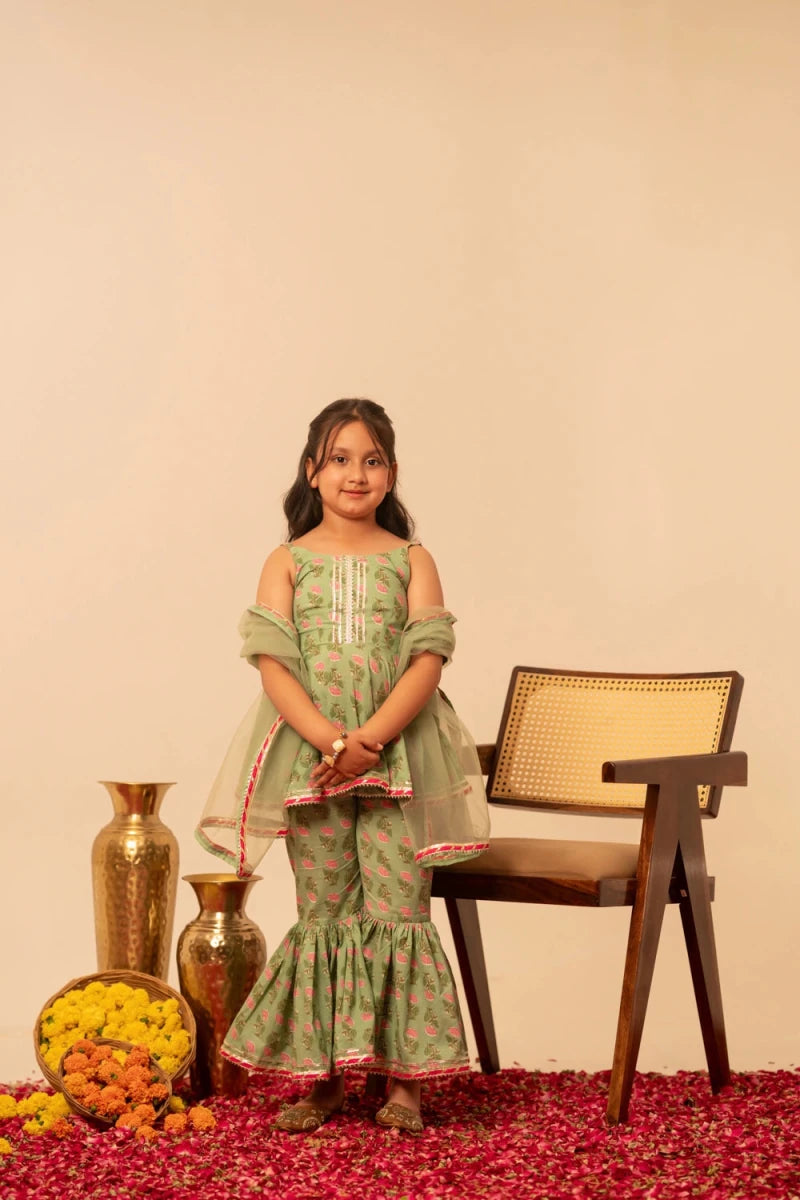 KHILKARI THE PISTA BUTI COTTON SHARARA SET - Pomcha Jaipur