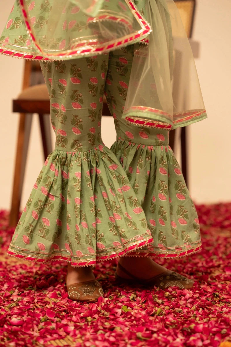 KHILKARI THE PISTA BUTI COTTON SHARARA SET - Pomcha Jaipur