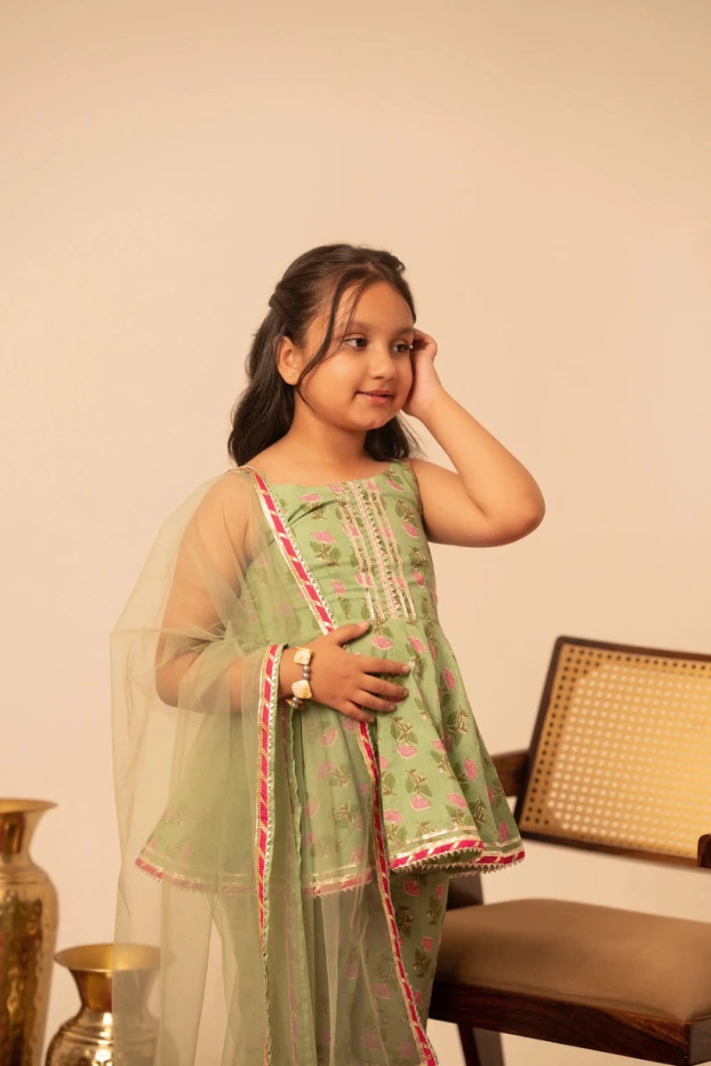 KHILKARI THE PISTA BUTI COTTON SHARARA SET - Pomcha Jaipur