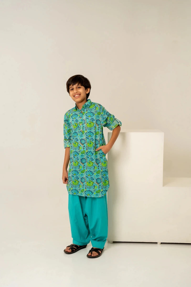 KHILKARI THE TEAL COTTON HAND BLOCK KURTA SET - Pomcha Jaipur