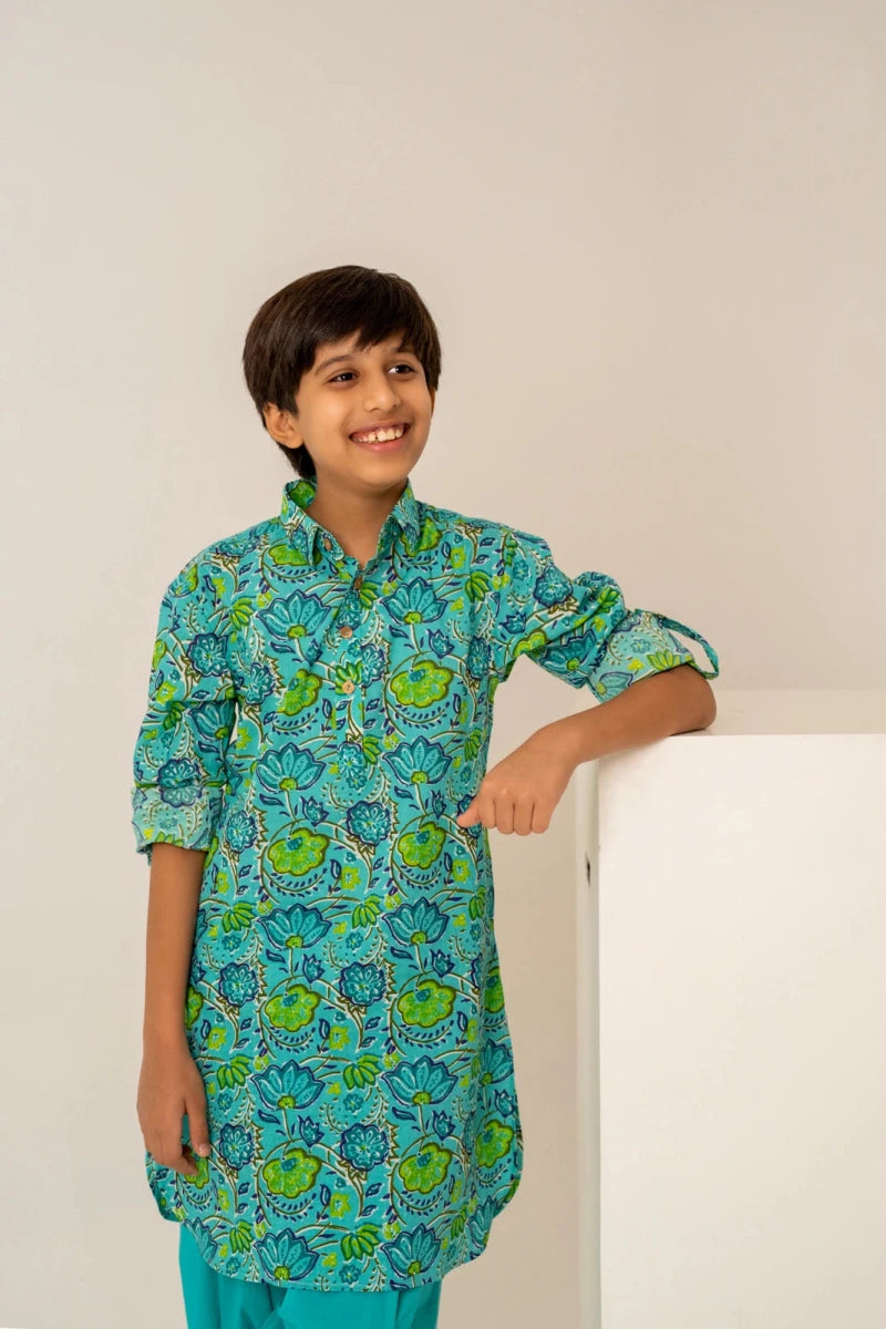 KHILKARI THE TEAL COTTON HAND BLOCK KURTA SET - Pomcha Jaipur