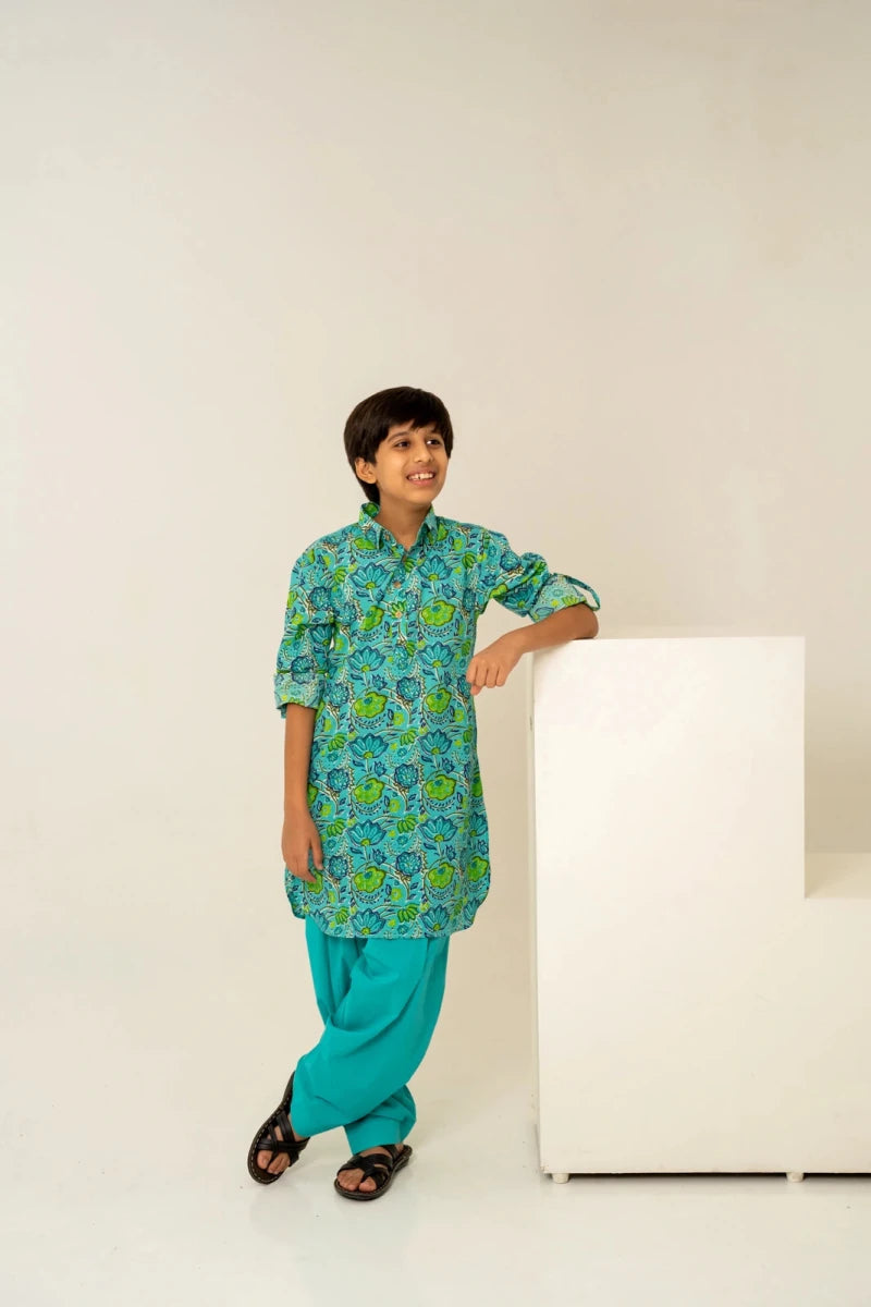 KHILKARI THE TEAL COTTON HAND BLOCK KURTA SET - Pomcha Jaipur