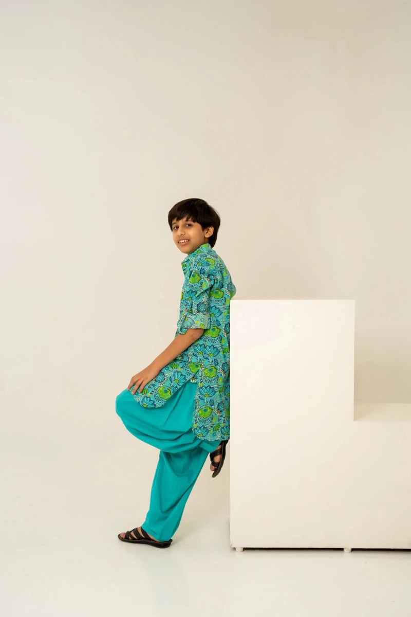 KHILKARI THE TEAL COTTON HAND BLOCK KURTA SET - Pomcha Jaipur