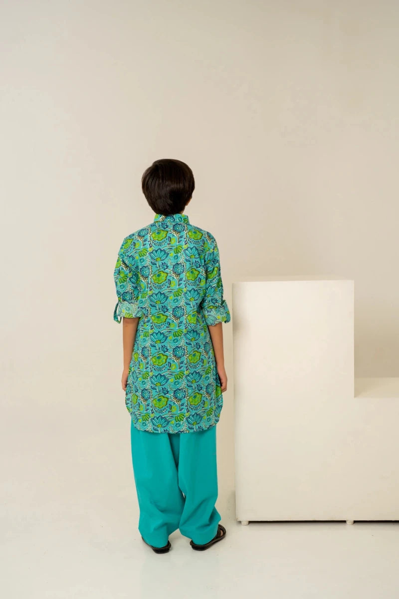 KHILKARI THE TEAL COTTON HAND BLOCK KURTA SET - Pomcha Jaipur