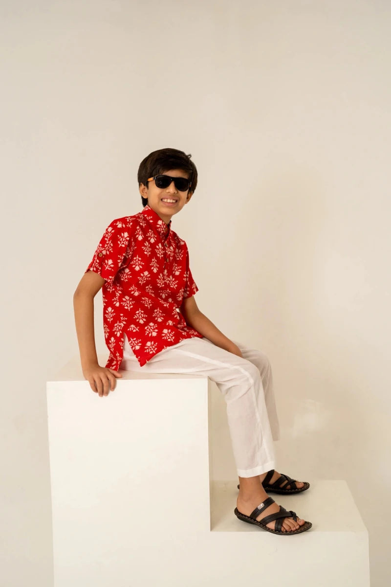 KHILKARI TOMATO TANGO HAND BLOCK COTTON SHIRT WITH PANT - Pomcha Jaipur