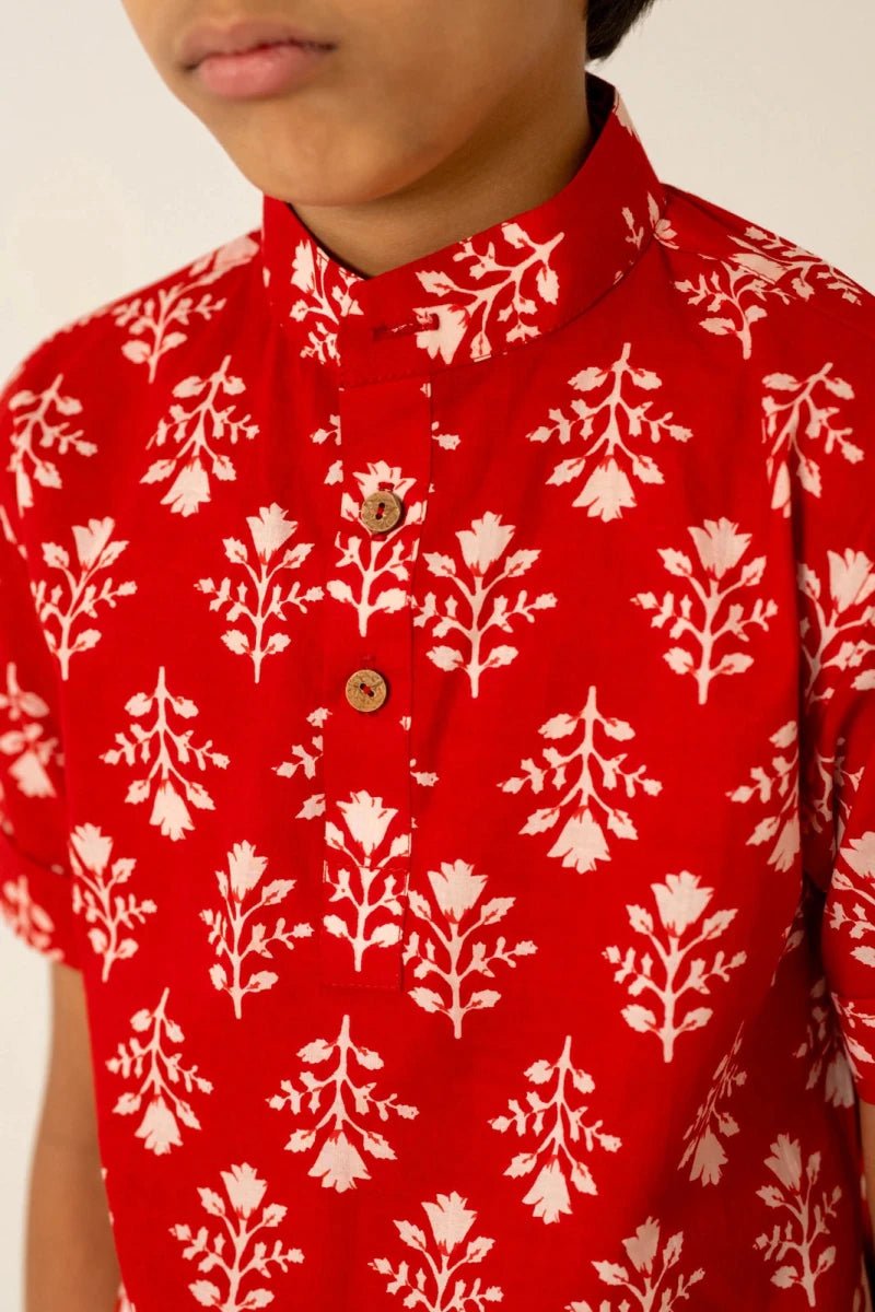 KHILKARI TOMATO TANGO HAND BLOCK COTTON SHIRT WITH PANT - Pomcha Jaipur