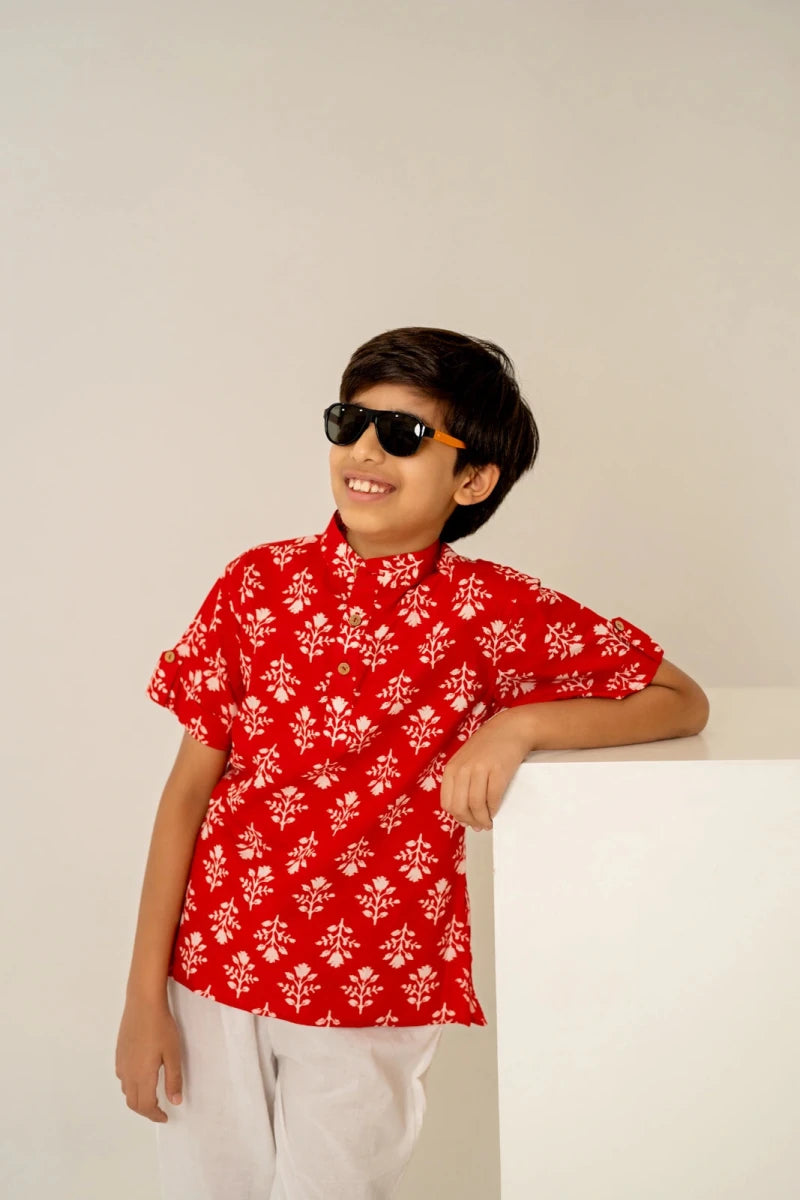KHILKARI TOMATO TANGO HAND BLOCK COTTON SHIRT WITH PANT - Pomcha Jaipur