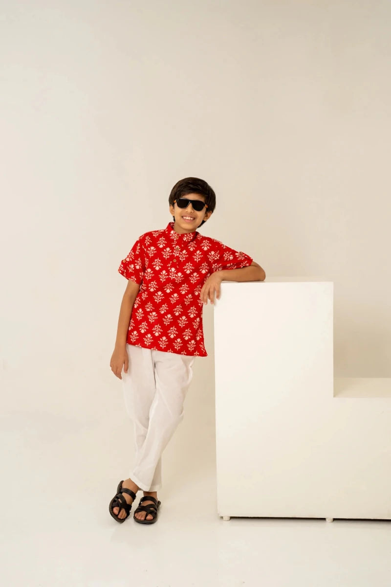 KHILKARI TOMATO TANGO HAND BLOCK COTTON SHIRT WITH PANT - Pomcha Jaipur