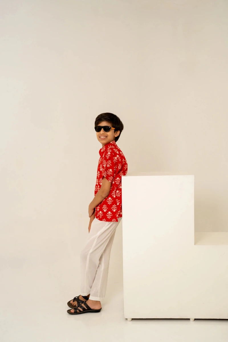 KHILKARI TOMATO TANGO HAND BLOCK COTTON SHIRT WITH PANT - Pomcha Jaipur