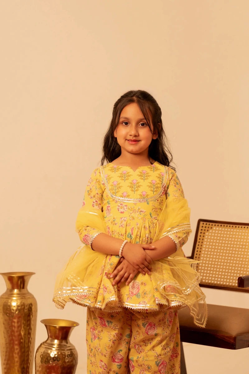 KHILKARI YELLOW SPARKY SHORT ANRARKALI SET WITH SOFT NET DUPATTA - Pomcha Jaipur