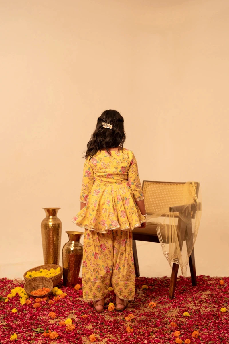 KHILKARI YELLOW SPARKY SHORT ANRARKALI SET WITH SOFT NET DUPATTA - Pomcha Jaipur