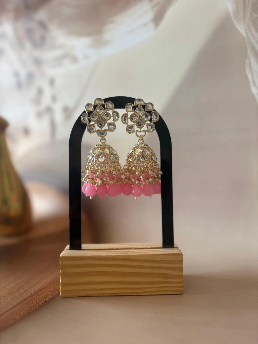 KUNDAN POLKI PINK PEARL EARRING SET - Pomcha Jaipur
