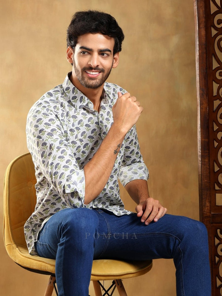 MADHUR GREY COTTON HAND BLOCK SHIRT - Pomcha Jaipur