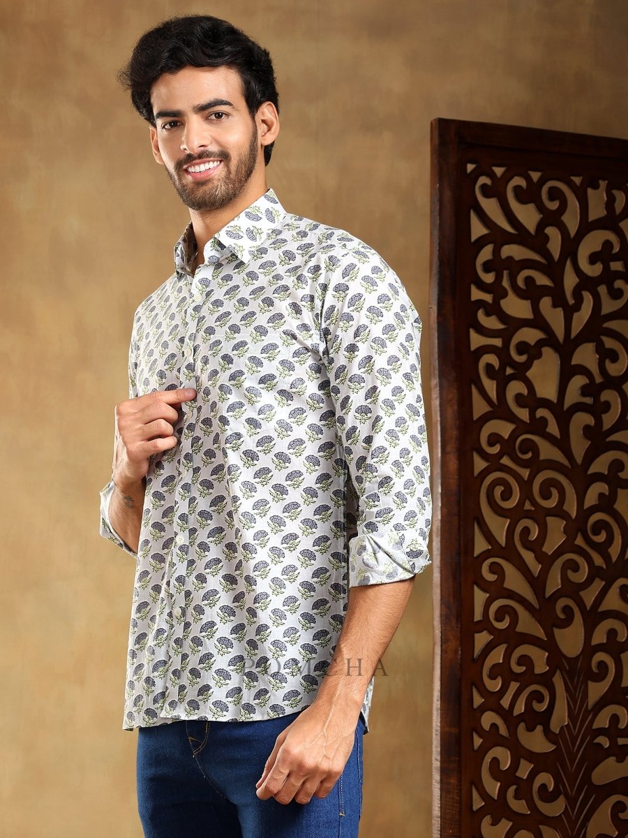 MADHUR GREY COTTON HAND BLOCK SHIRT - Pomcha Jaipur