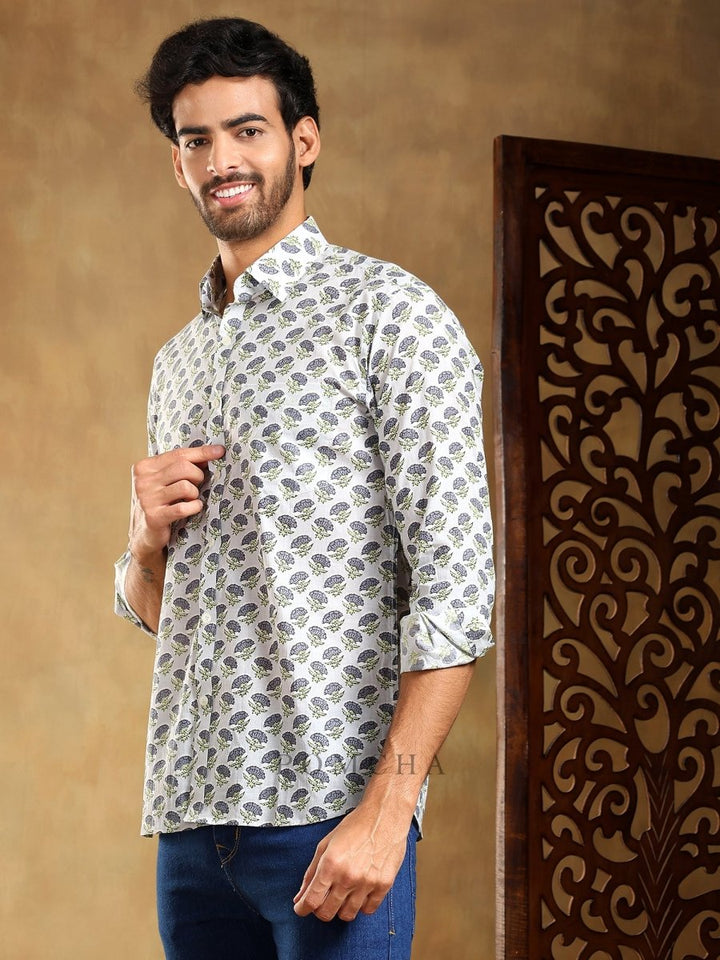 MADHUR GREY COTTON HAND BLOCK SHIRT - Pomcha Jaipur