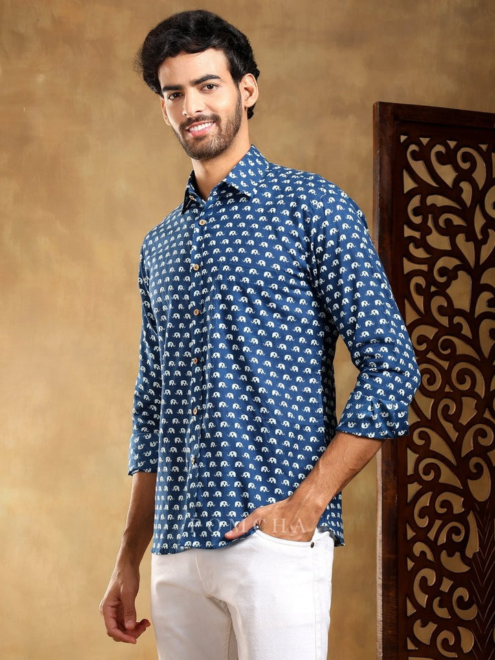 MADKAL BLUE COTTON HAND BLOCK SHIRT - Pomcha Jaipur