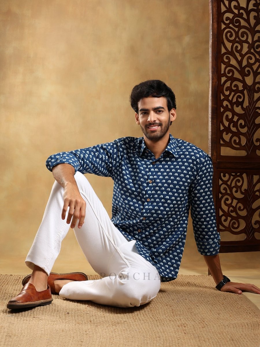 MADKAL BLUE COTTON HAND BLOCK SHIRT - Pomcha Jaipur