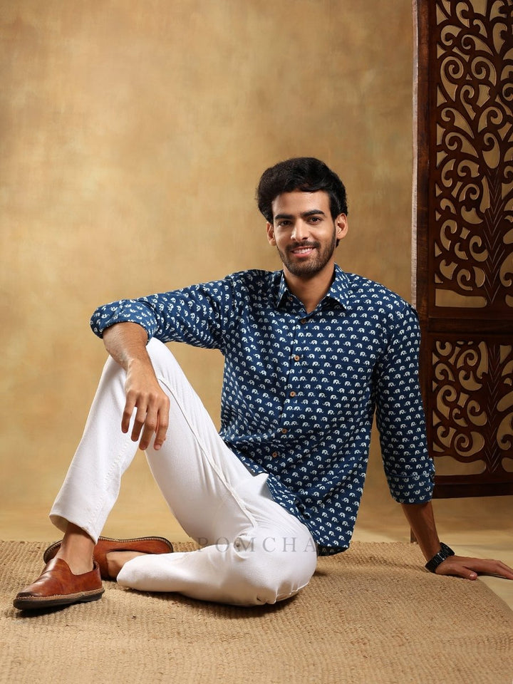MADKAL BLUE COTTON HAND BLOCK SHIRT - Pomcha Jaipur