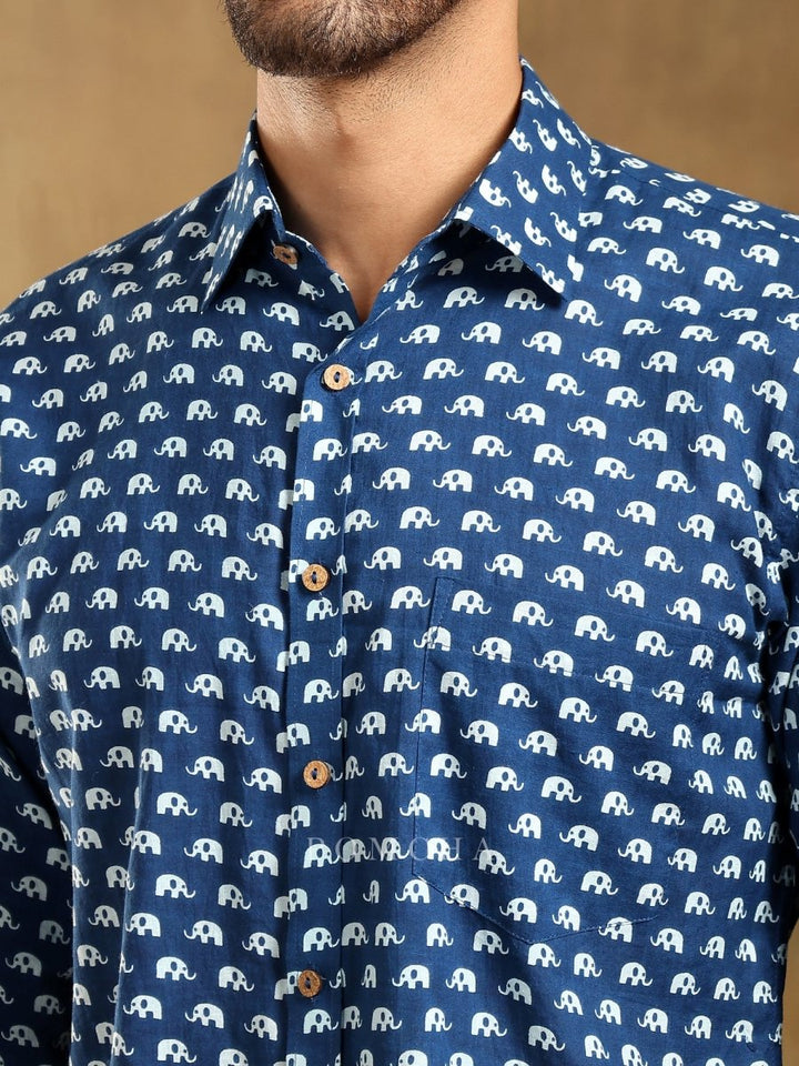 MADKAL BLUE COTTON HAND BLOCK SHIRT - Pomcha Jaipur