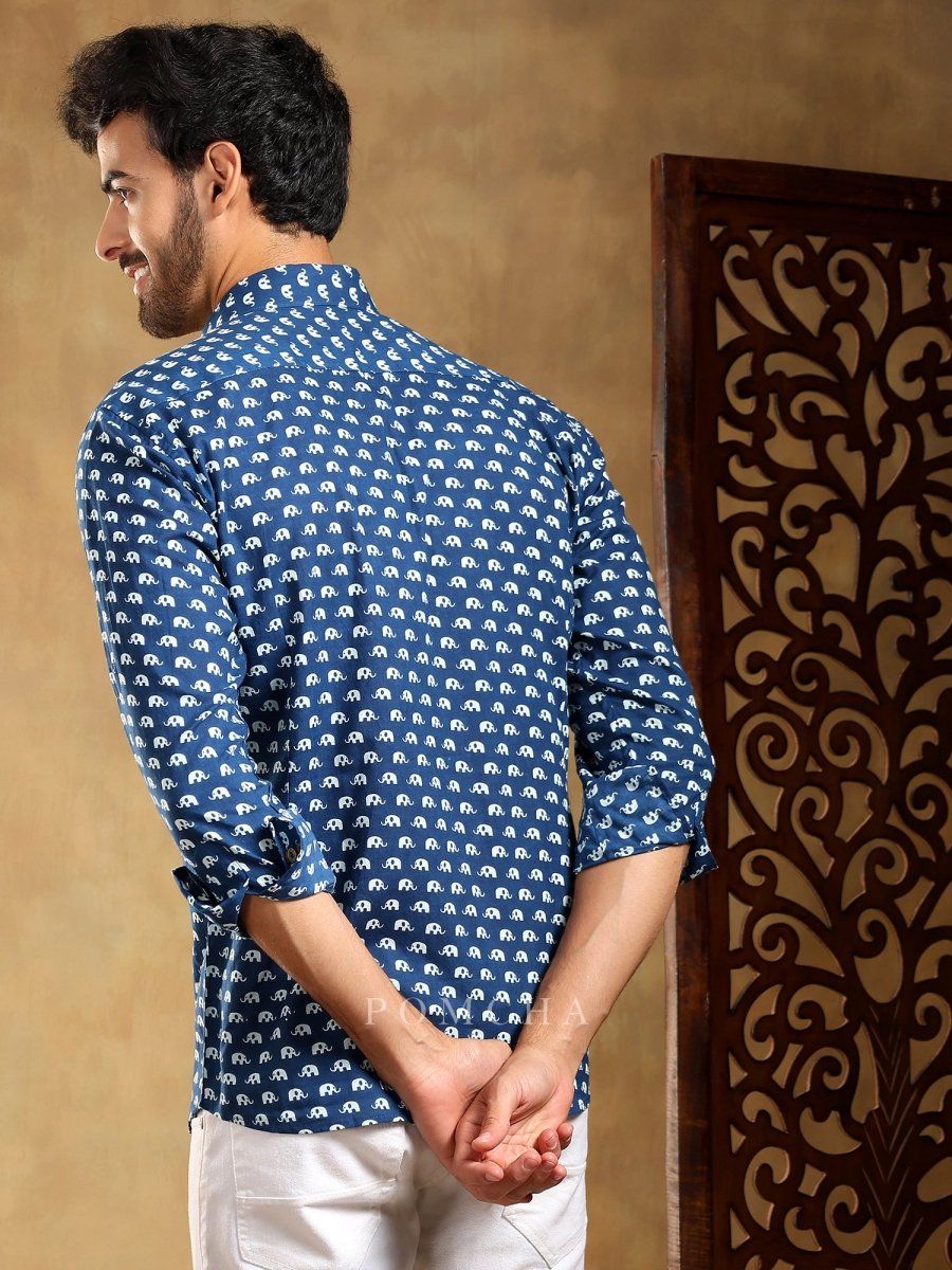 MADKAL BLUE COTTON HAND BLOCK SHIRT - Pomcha Jaipur