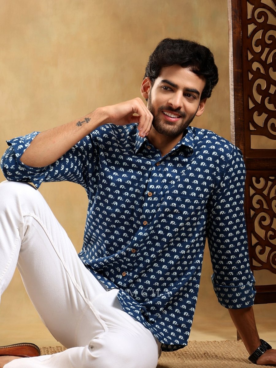 MADKAL BLUE COTTON HAND BLOCK SHIRT - Pomcha Jaipur