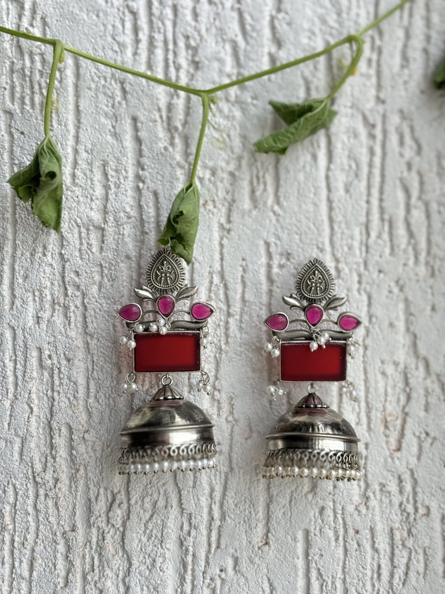 MANJARI STONE SILVER OXIDISED JHUMKA SET - Pomcha Jaipur