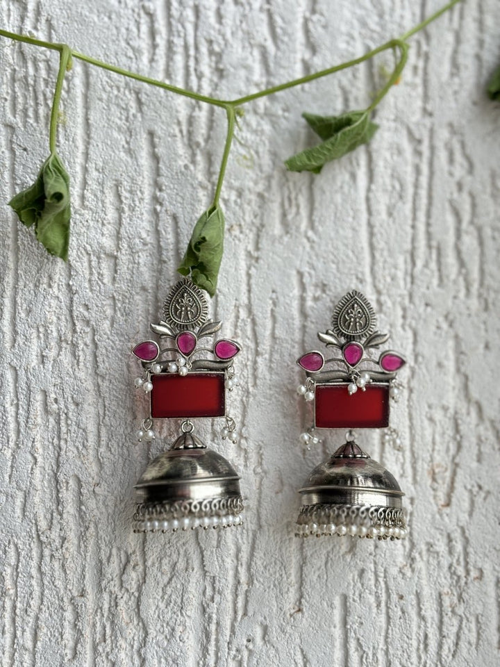 MANJARI STONE SILVER OXIDISED JHUMKA SET - Pomcha Jaipur