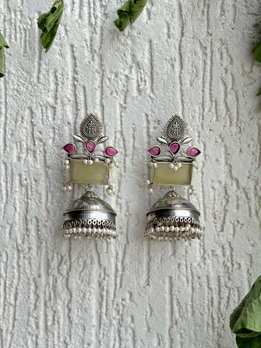 MANJARI STONE SILVER OXIDISED JHUMKA SET - Pomcha Jaipur