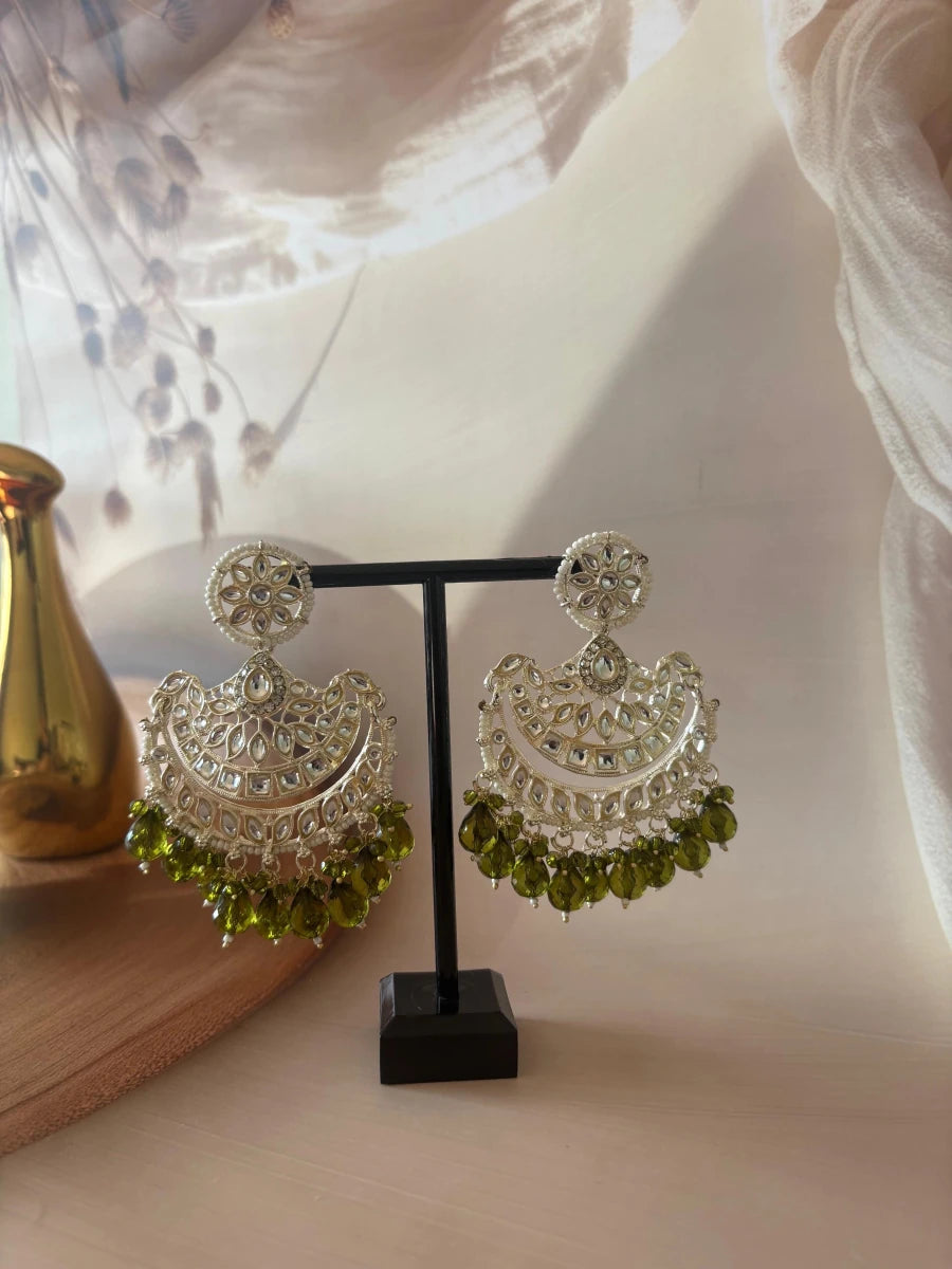 MEHANDI GREEN KUNDAN STUDDED CHANDBALI EARRING SET - Pomcha Jaipur