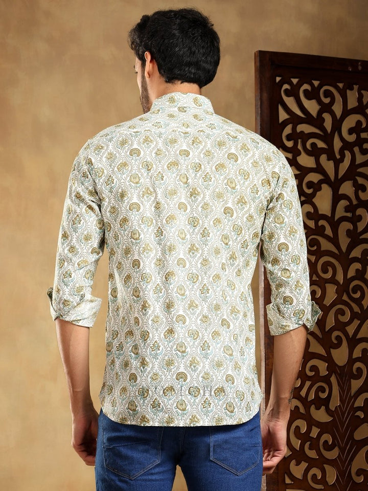 MEHENDI GREEN PAISLEY COTTON HAND BLOCK SHIRT - Pomcha Jaipur