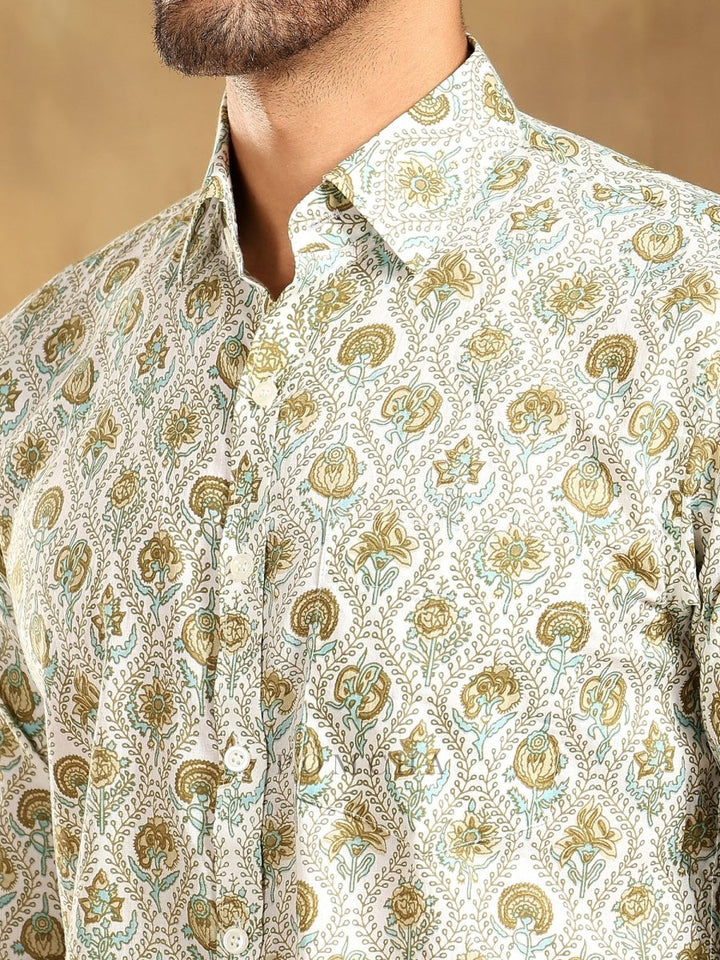 MEHENDI GREEN PAISLEY COTTON HAND BLOCK SHIRT - Pomcha Jaipur