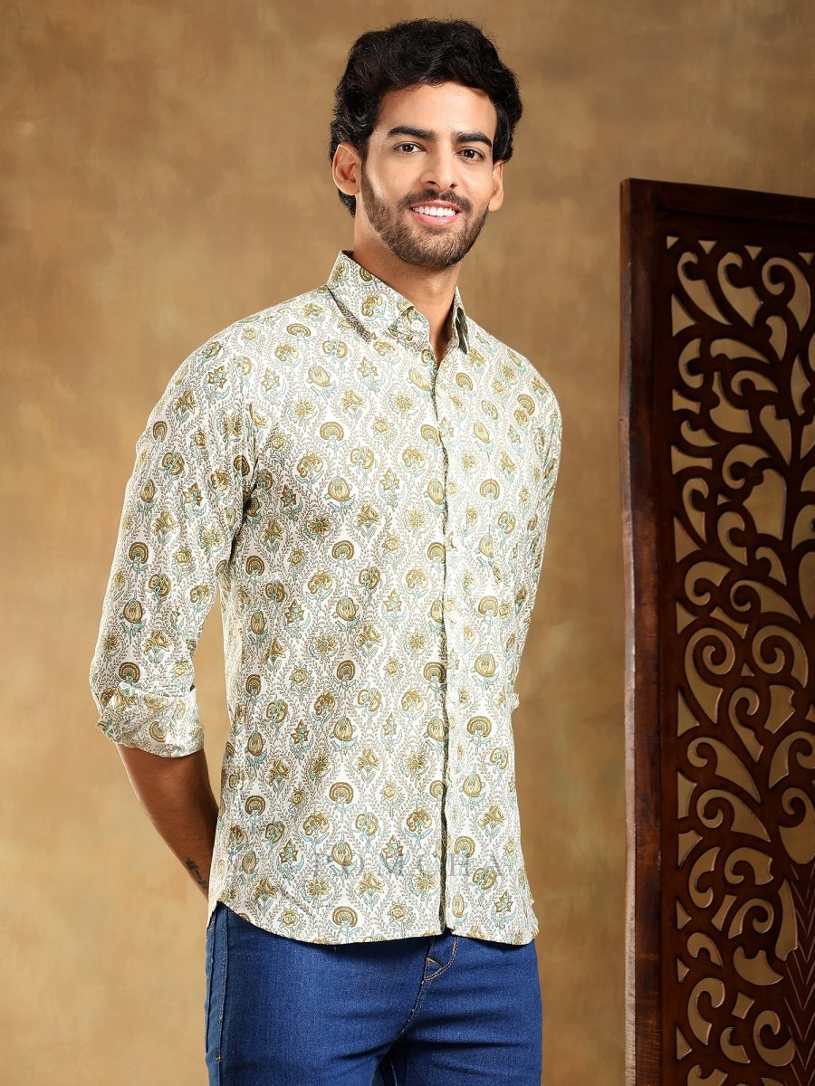 MEHENDI GREEN PAISLEY COTTON HAND BLOCK SHIRT - Pomcha Jaipur