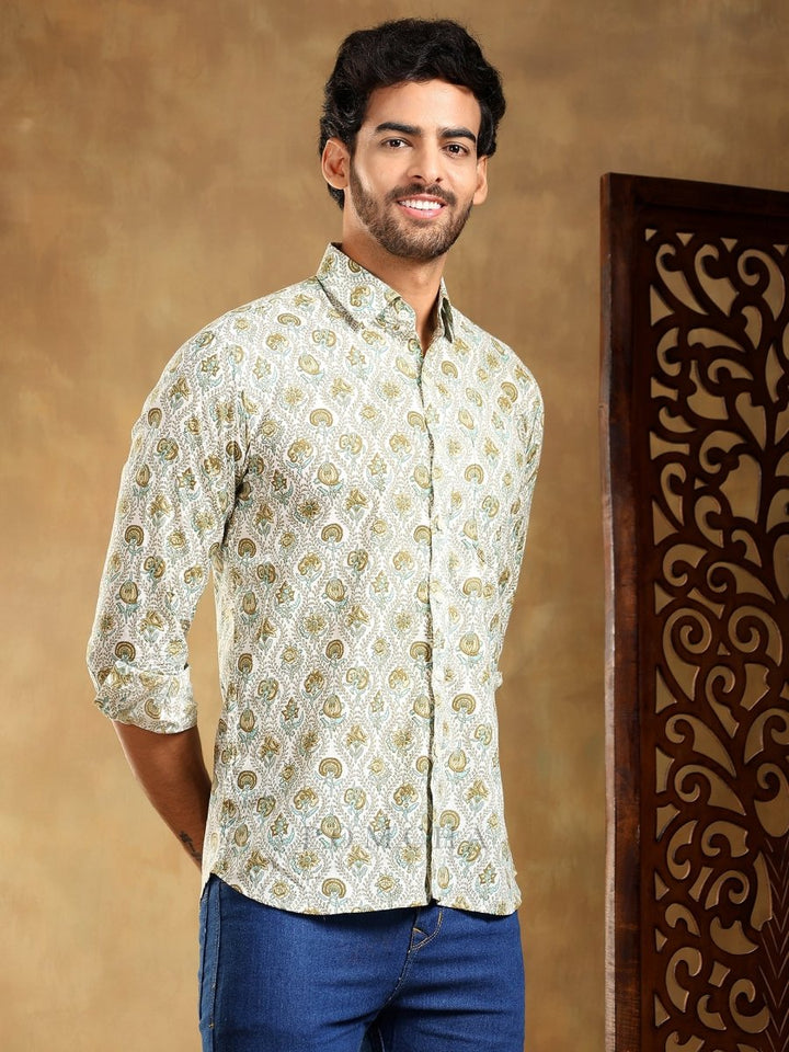 MEHENDI GREEN PAISLEY COTTON HAND BLOCK SHIRT - Pomcha Jaipur