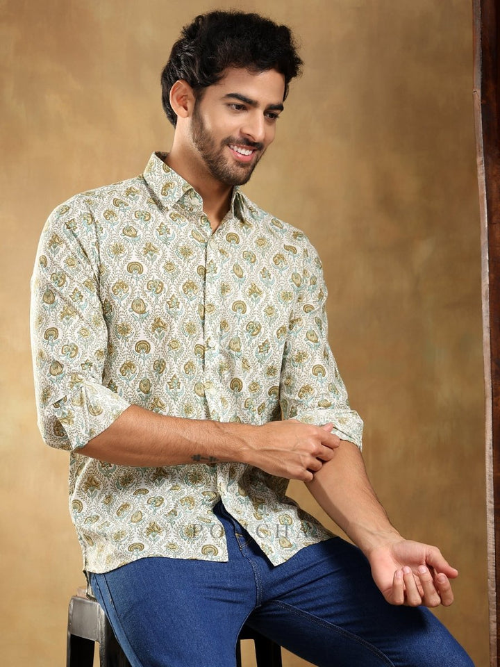 MEHENDI GREEN PAISLEY COTTON HAND BLOCK SHIRT - Pomcha Jaipur