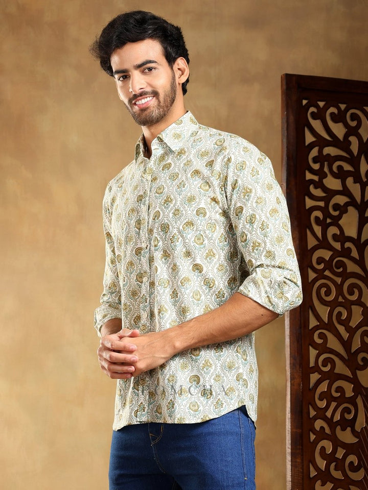 MEHENDI GREEN PAISLEY COTTON HAND BLOCK SHIRT - Pomcha Jaipur