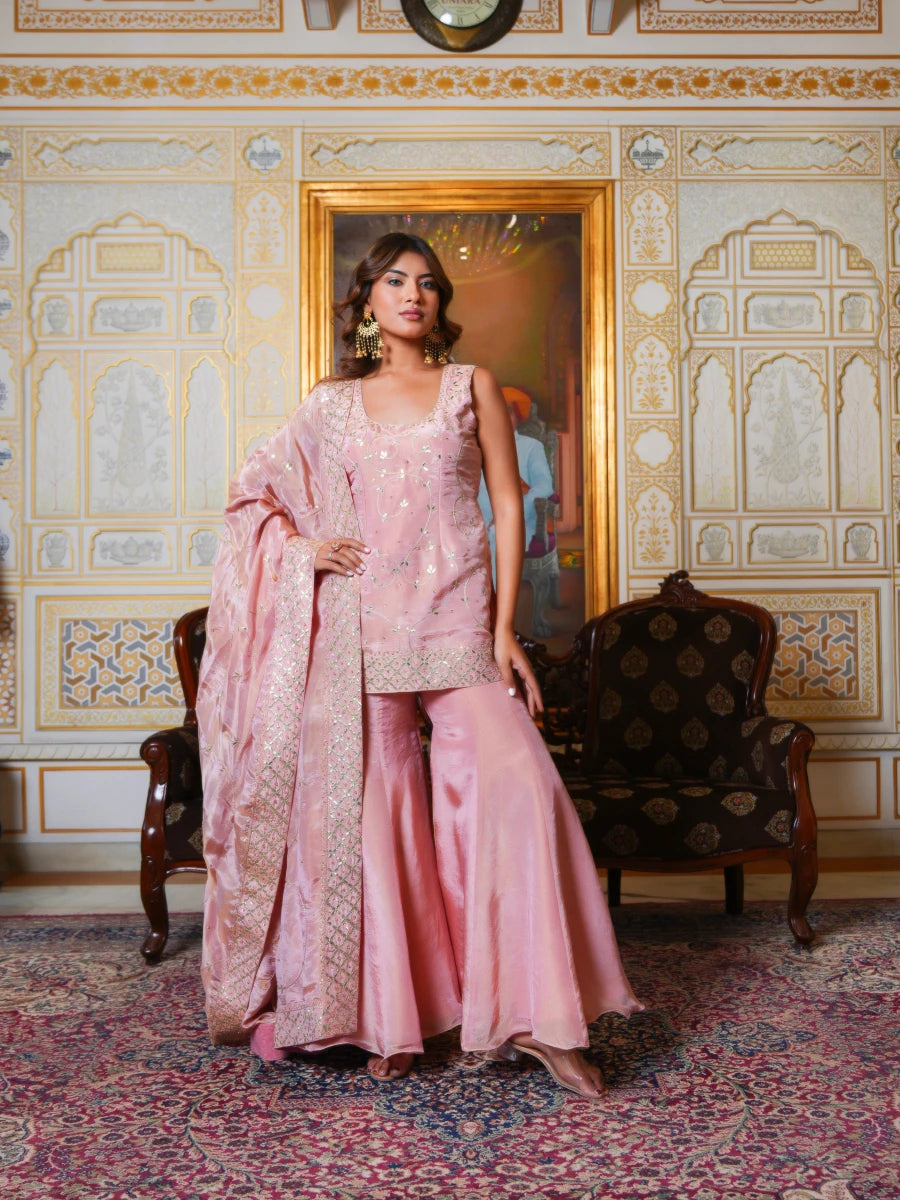 MEHFIL BLUSH PINK GOTA PATTI HAND EMBROIDERED SHARARA SET - Pomcha Jaipur