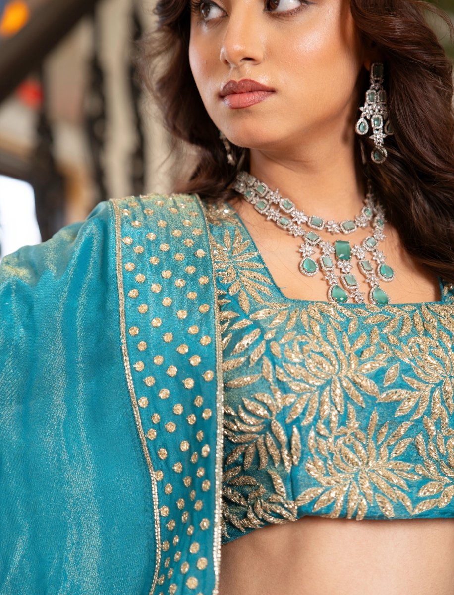 MEHFIL FIROZI MEHAR COSMOS TUBE LIGHT KARIGARI LEHENGA SET WITH DUPATTA - Pomcha Jaipur