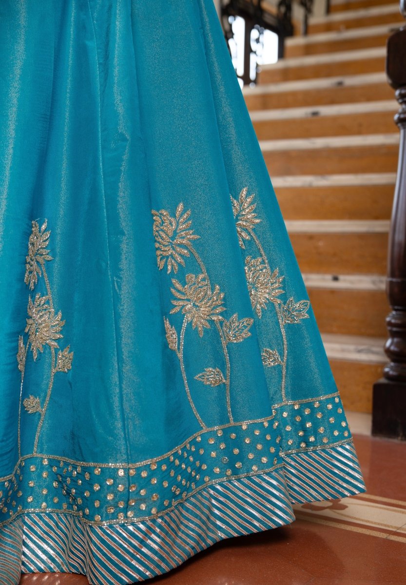 MEHFIL FIROZI MEHAR COSMOS TUBE LIGHT KARIGARI LEHENGA SET WITH DUPATTA - Pomcha Jaipur