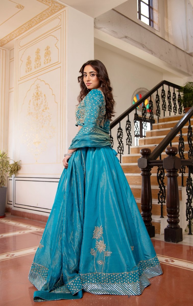 MEHFIL FIROZI MEHAR COSMOS TUBE LIGHT KARIGARI LEHENGA SET WITH DUPATTA - Pomcha Jaipur